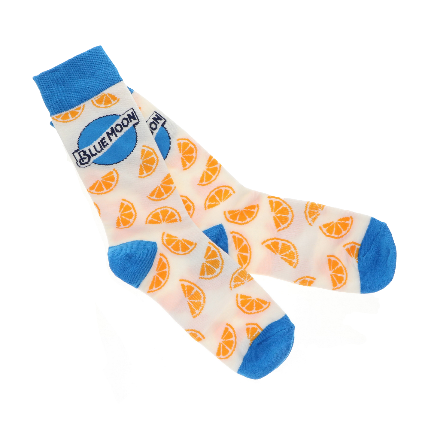 White socks with bright orange slice pattern, blue cuffs, heels, and toes, and a Blue Moon logo near the top.