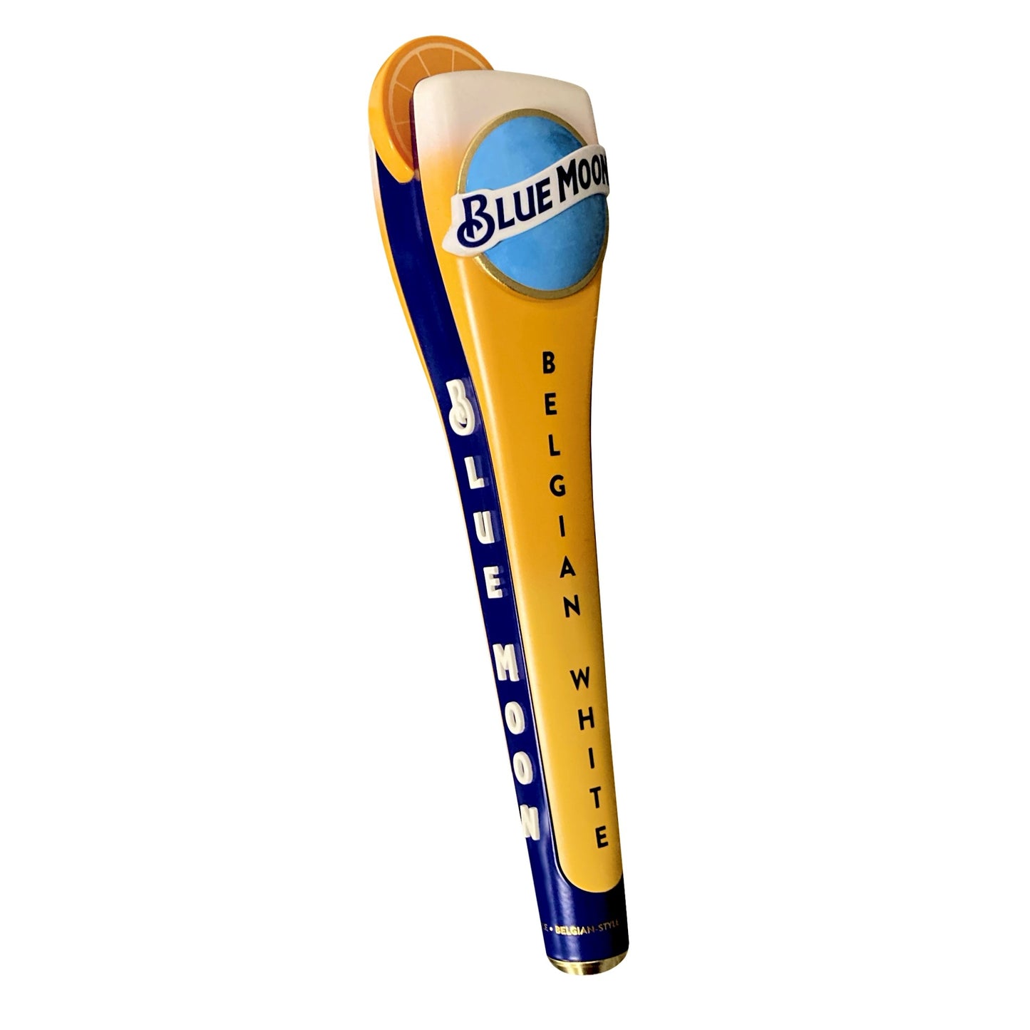 Yellow and blue tap handle with the Blue Moon logo at the top and “BELGIAN WHITE” printed vertically.