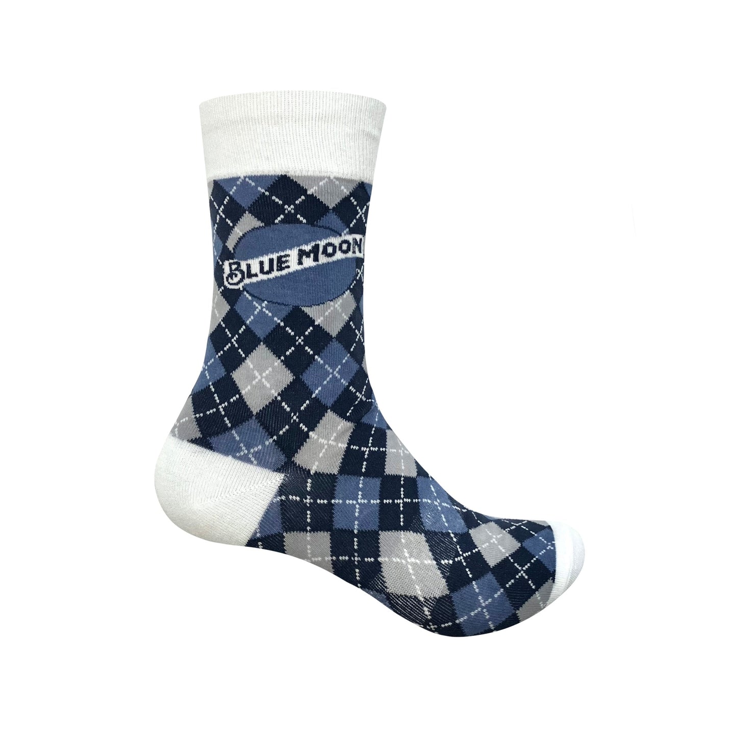 Navy, light blue, and gray argyle sock with a white cuff and heel, featuring the Blue Moon logo near the top.