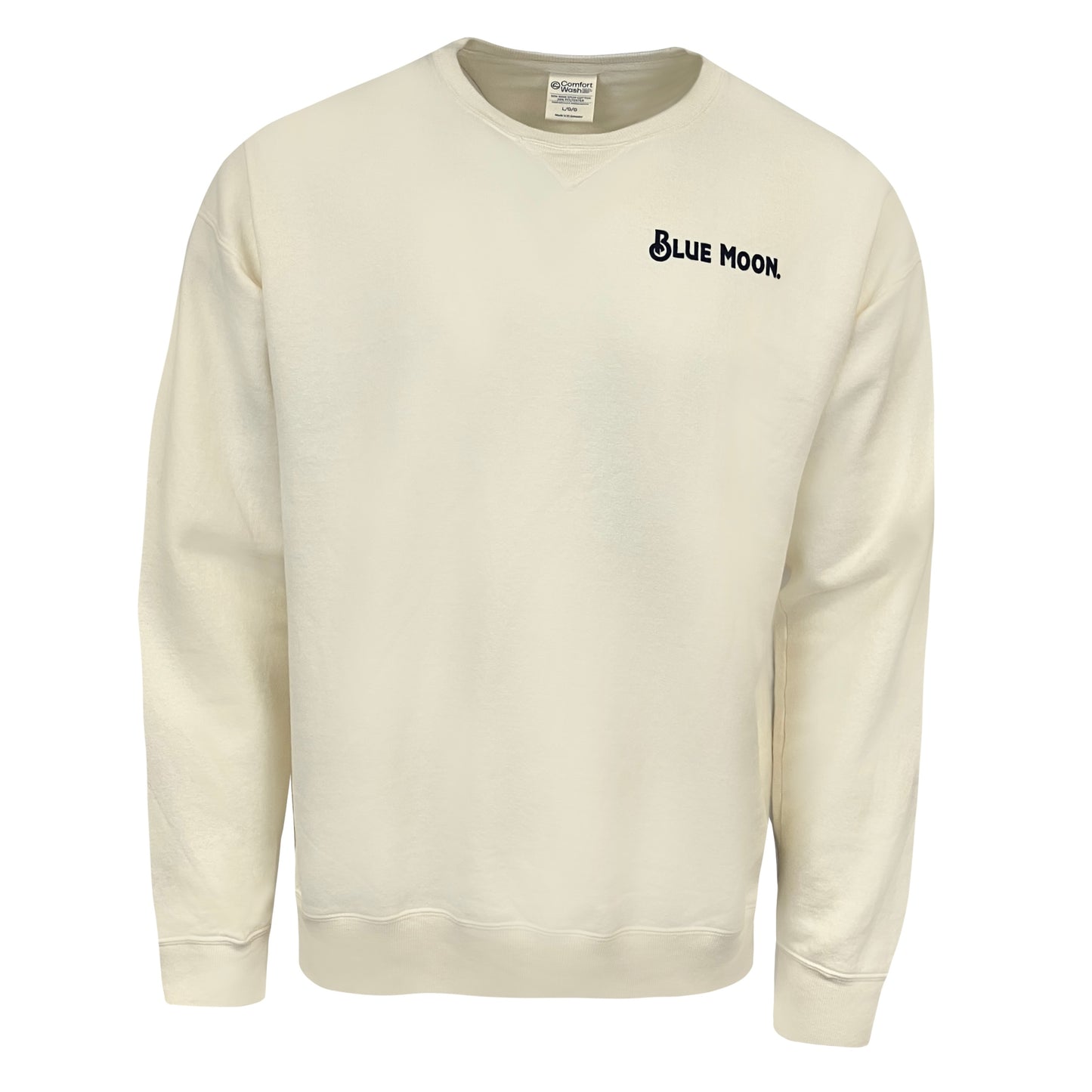 Cream-colored crewneck sweatshirt with small “BLUE MOON.” text in black on the upper left chest.