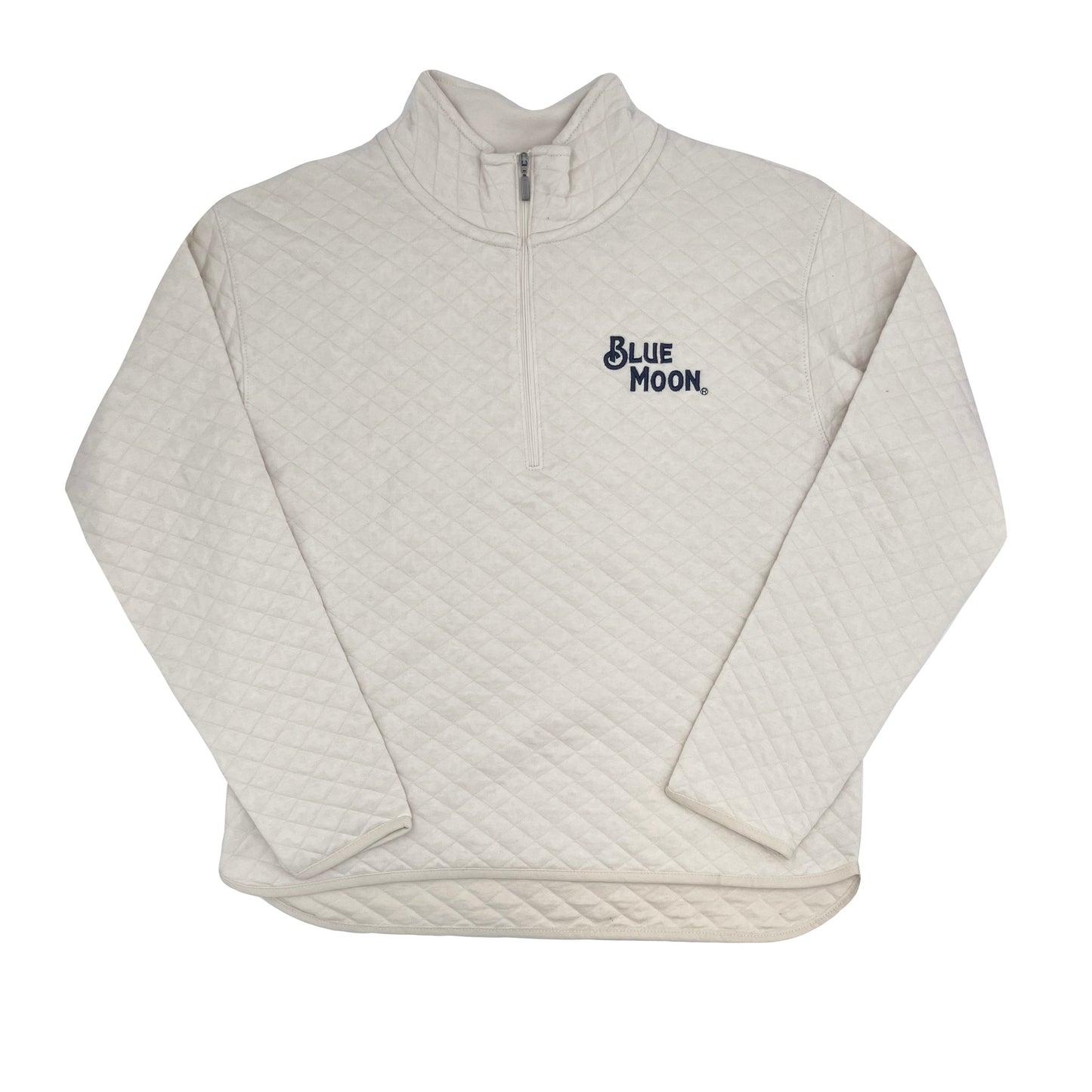 Cream quilted quarter‑zip pullover with “BLUE MOON.” embroidered in navy on the upper left chest.