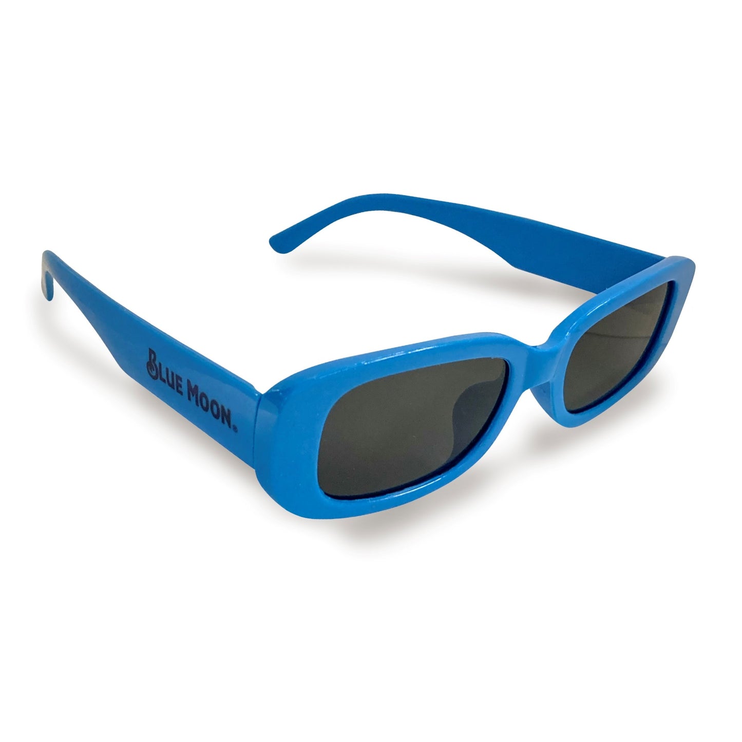 Blue plastic sunglasses with dark lenses and “BLUE MOON.” printed in black on the left arm.