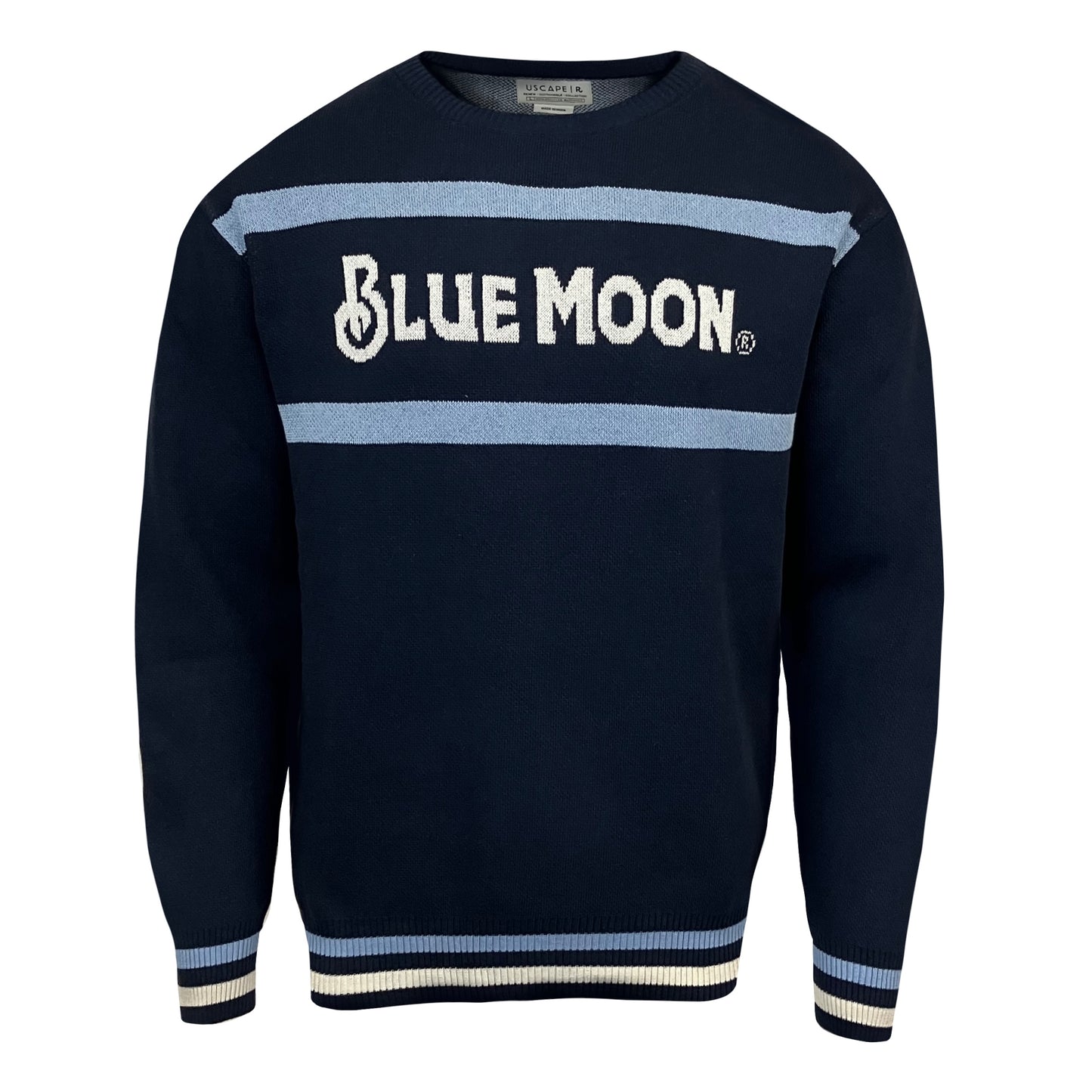 Navy knit sweater with two light blue horizontal stripes and “BLUE MOON®” in white across the chest.