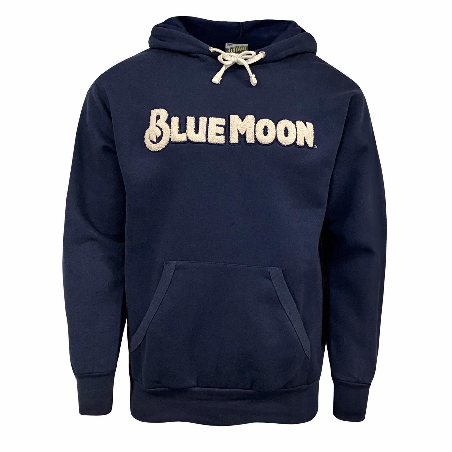 Navy hooded sweatshirt with a front pocket and large cream textured “BLUE MOON” text across the chest.