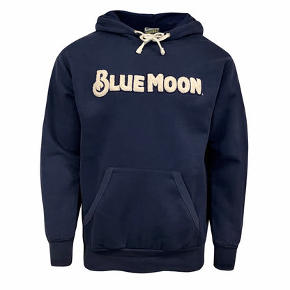 Navy hooded sweatshirt with a front pocket and large cream textured “BLUE MOON” text across the chest.