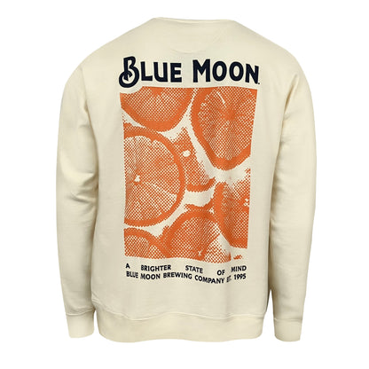 Cream-colored sweatshirt back with large orange citrus slice graphic, “BLUE MOON” at top, and text below: “A BRIGHTER STATE OF MIND. BLUE MOON BREWING COMPANY EST. 1995.”