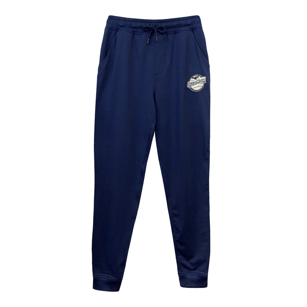 Navy jogger pants with an elastic waistband, drawstring, side pockets, and a small Blue Moon logo on the upper left thigh.