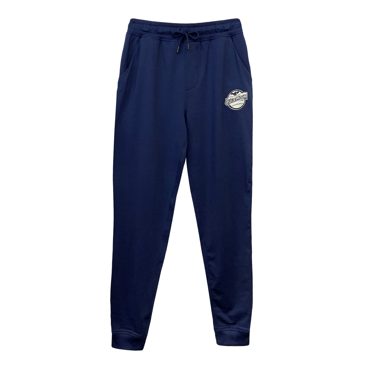 Navy jogger pants with an elastic waistband, drawstring, side pockets, and a small Blue Moon logo on the upper left thigh.