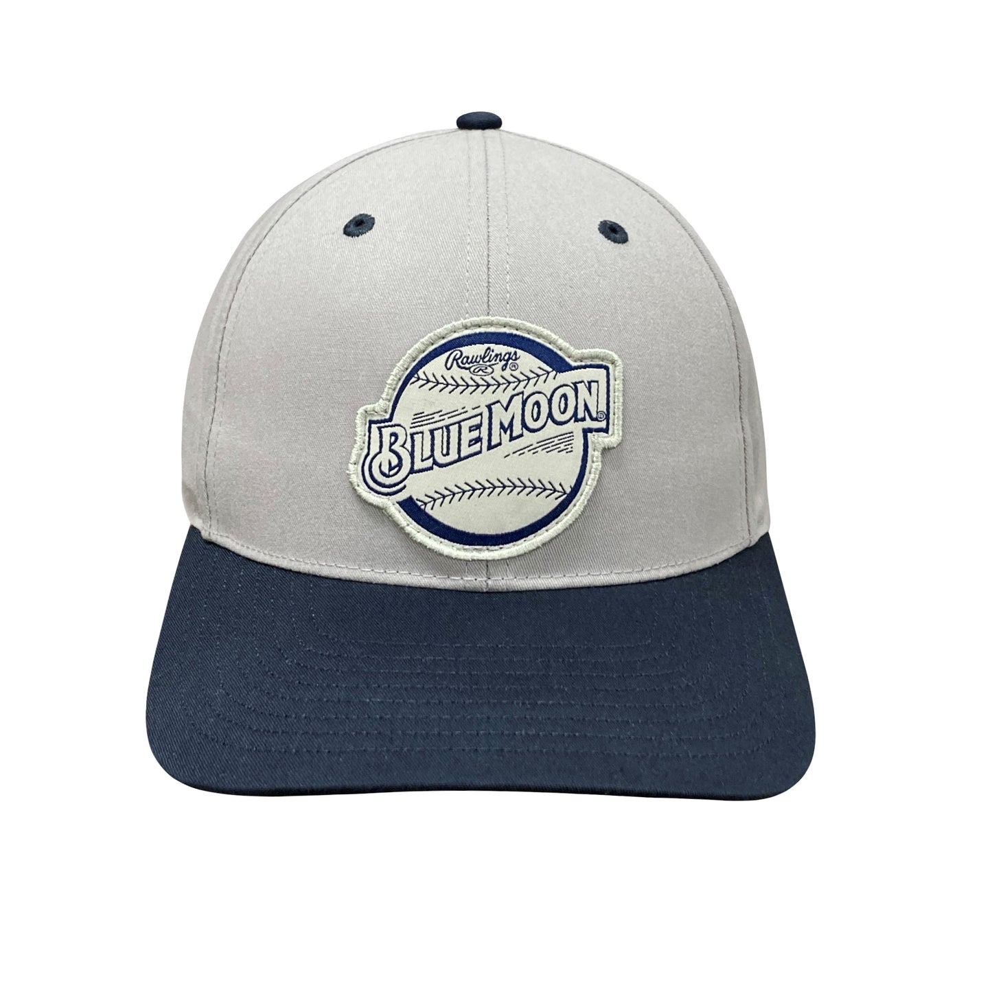 Light gray baseball cap front with a navy brim and a front patch reading “BLUE MOON” with baseball-style stitching details.