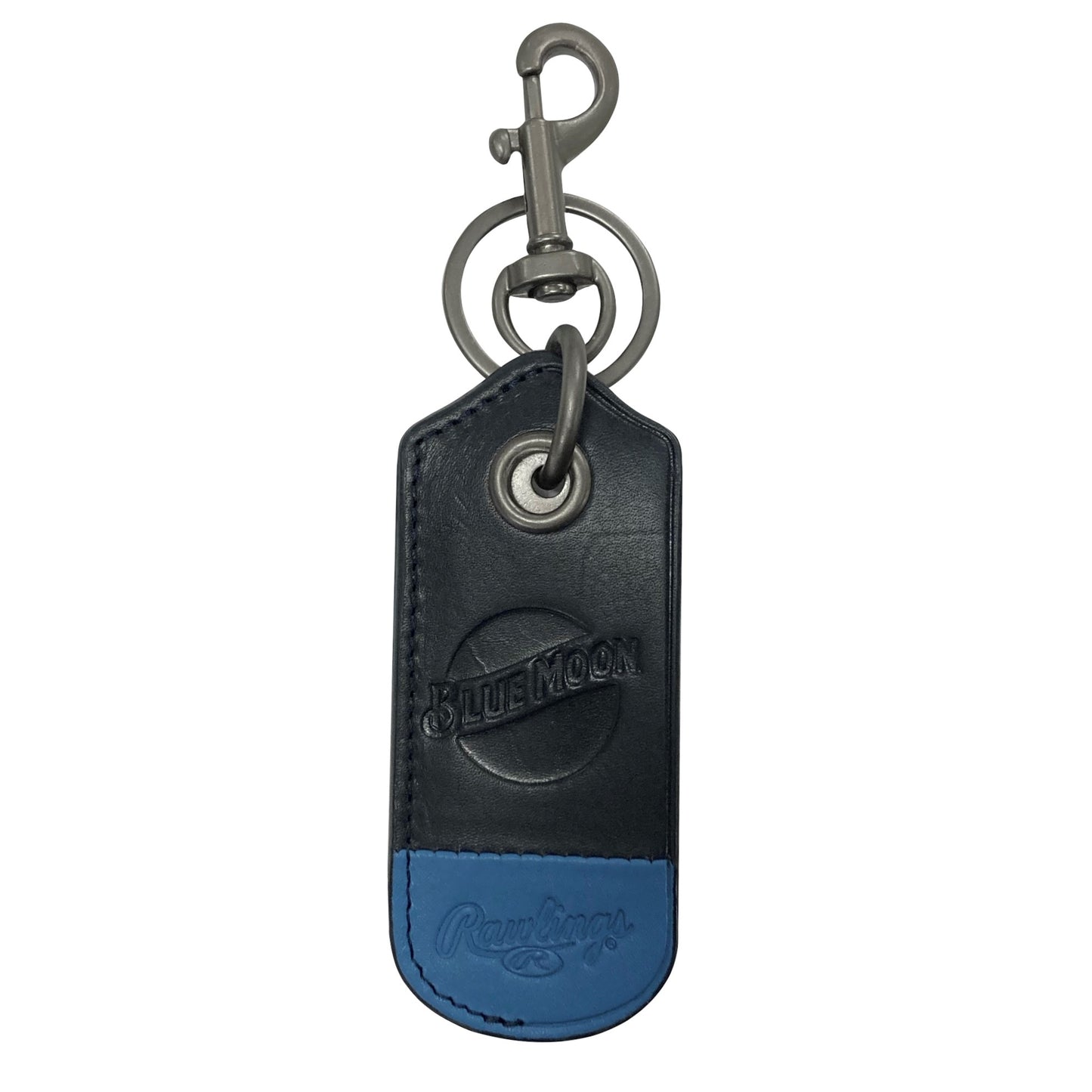 Black and blue leather keychain with embossed Blue Moon logo and metal clip and keyring at the top.
