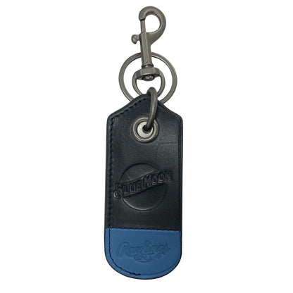 Black and blue leather keychain with embossed Blue Moon logo and metal clip and keyring at the top.