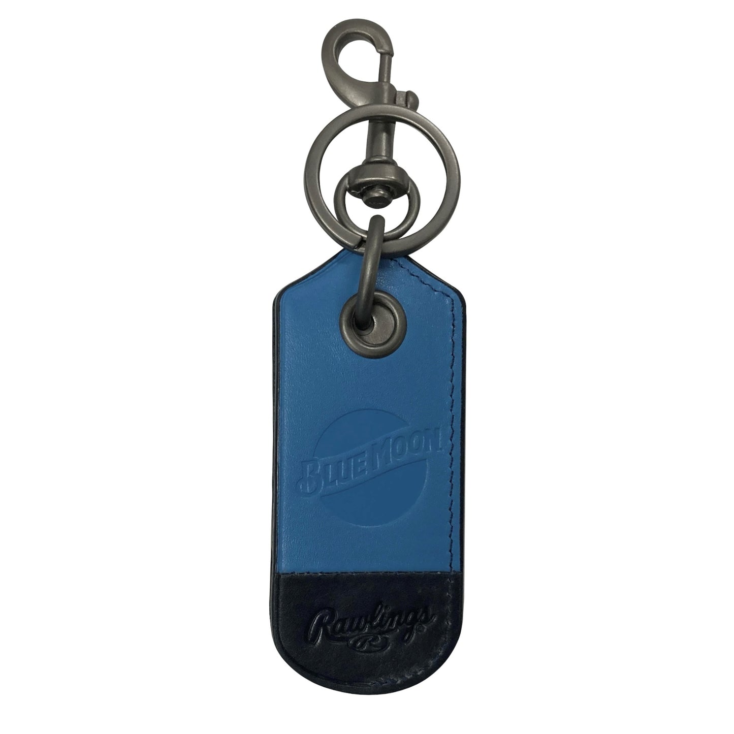 Blue and navy leather keychain with embossed Blue Moon logo and metal clip and keyring at the top.