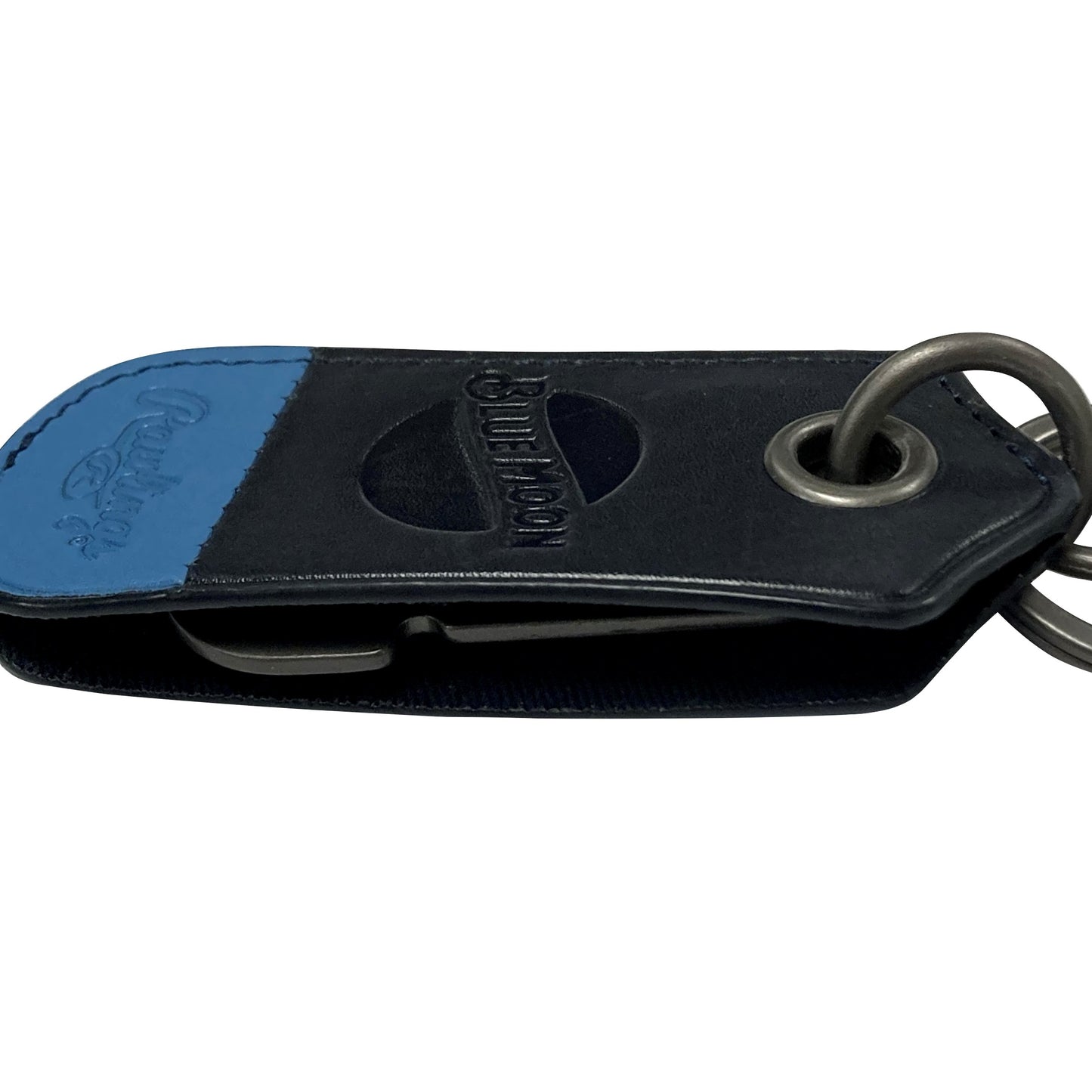 Black and blue leather keychain shown from the side, with the embossed Blue Moon logo and the metal bottle opener tucked inside.