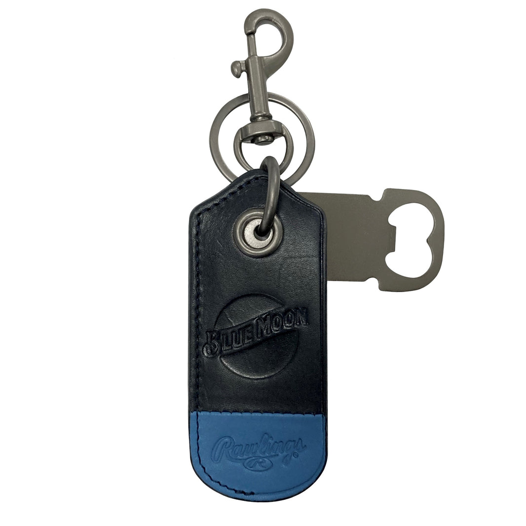 Black and blue leather keychain with embossed Blue Moon logo, metal clip and keyring, and an attached silver bottle opener.