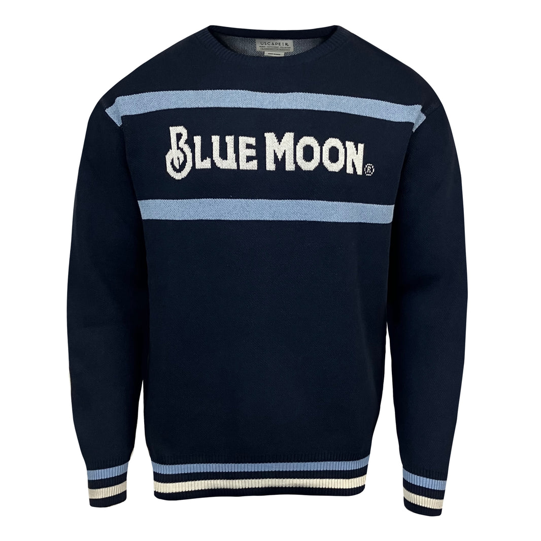 Navy knit sweater with two light blue horizontal stripes and “BLUE MOON®” in white across the chest.