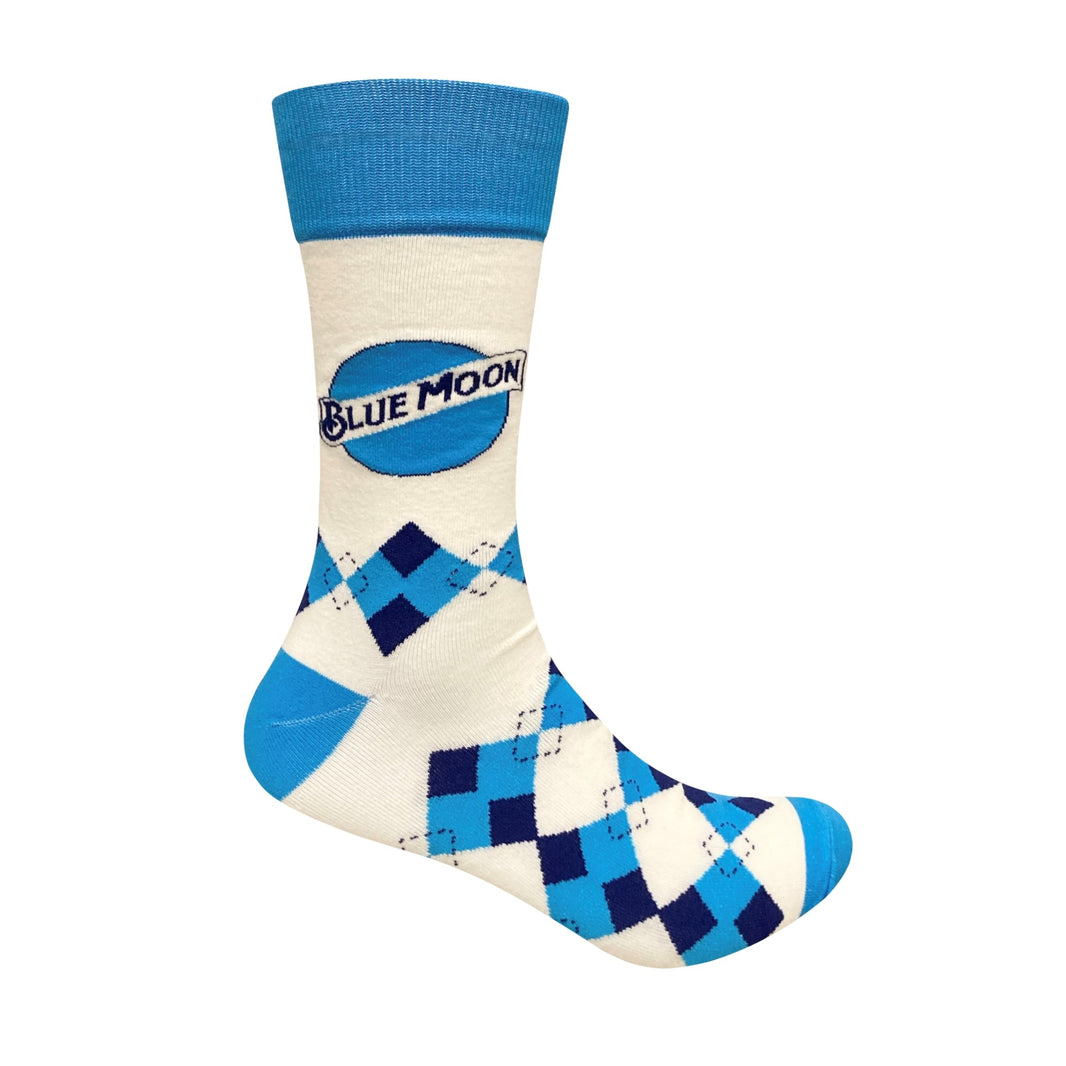 Cream sock with blue and navy argyle pattern and the Blue Moon logo near the top.