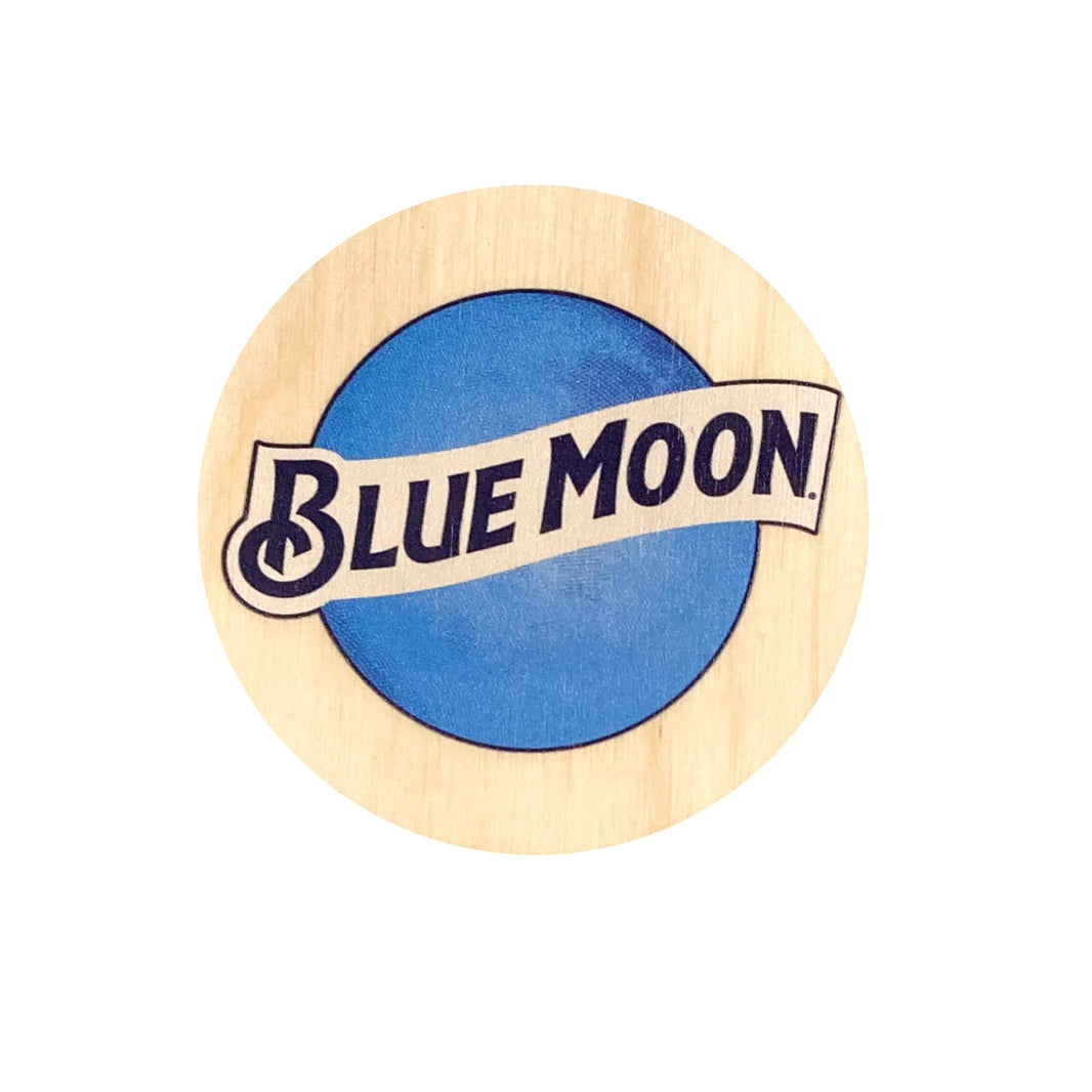 Round light wood bottle opener front with a large blue circle and “BLUE MOON” printed across the front.
